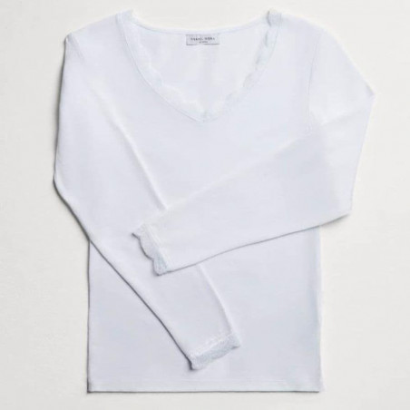 CAMISETA INTERIOR DE ALGODON CON ENCAJE, MANGA LARGA, YSABEL MORA.