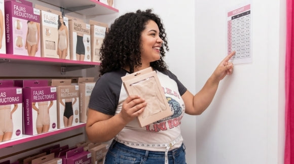 mujer eligiendo la talla correcta de una faja reductora