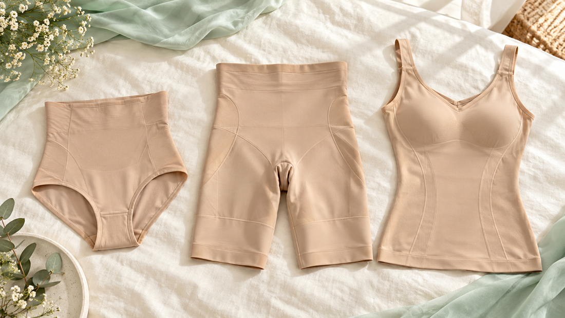 Braga moldeadora, pantalón faja y camiseta moldeadora sobre un fondo claro.