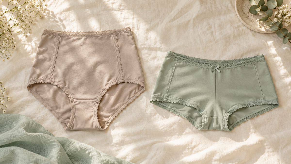 Braga de talle alto y culotte colocados juntos para comparar su corte.