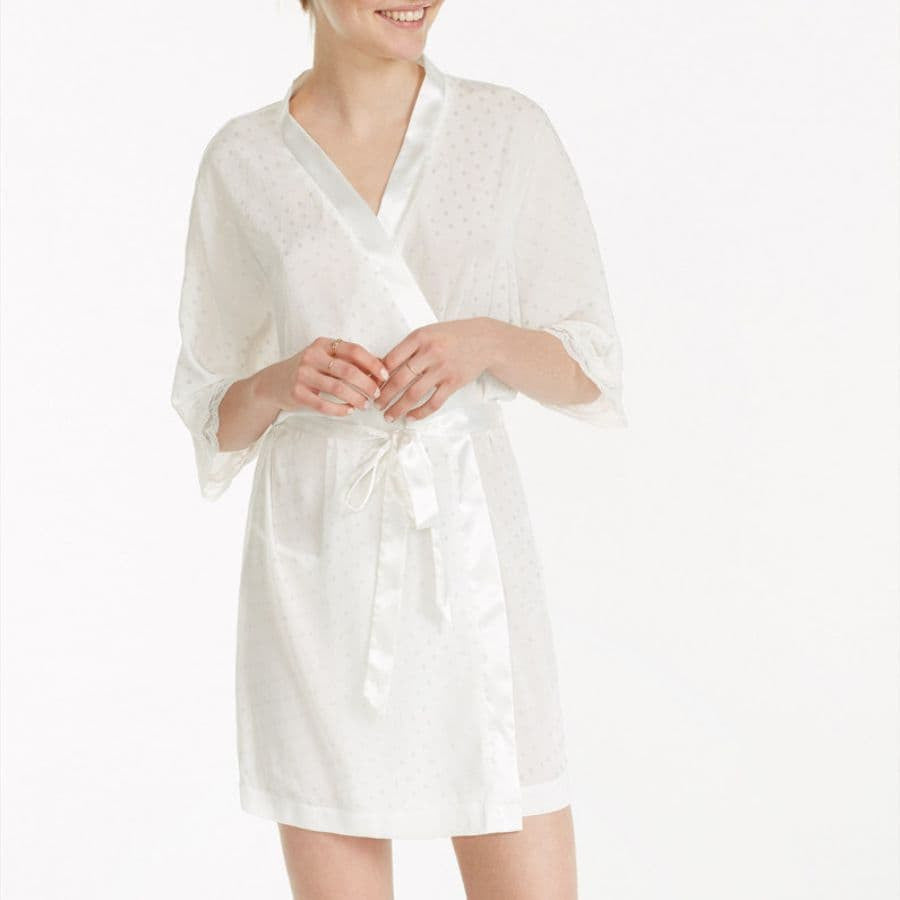 bata de novia crepe con lunares, promise bridal.