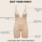 Invisible, low-cut, backless body suit with shorts-style leg, spanx