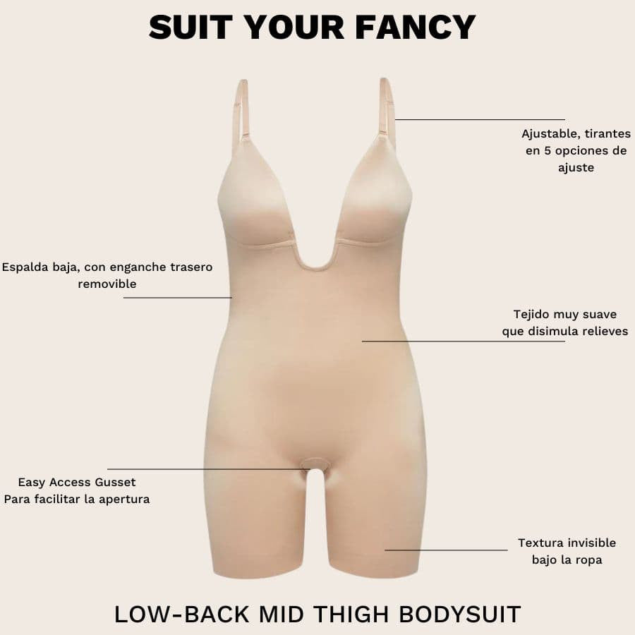 Invisible, low-cut, backless body suit with shorts-style leg, spanx