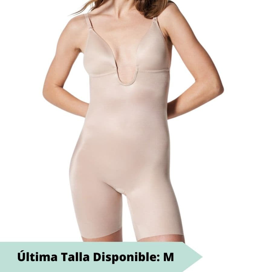 Invisible, low-cut, backless body suit with shorts-style leg, spanx