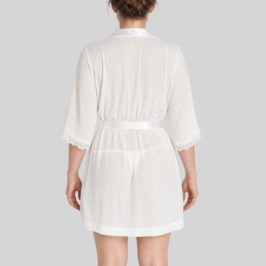 bata de novia crepe con lunares, promise bridal.